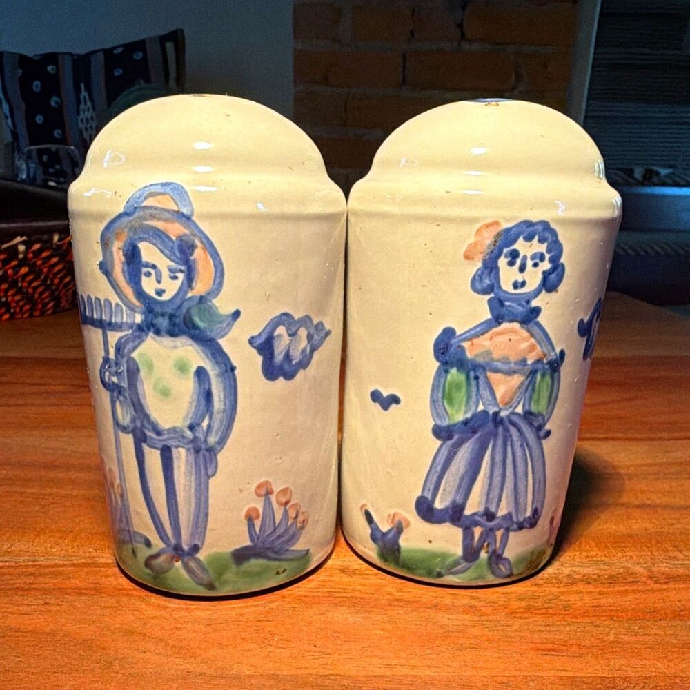 M A Hadley Hand-Painted Ceramic Salt & Pepper Shakers Set of 2 Blue/White read